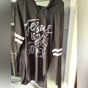 Womens Top On fire Gray Jesus Loves This Hot Mess hooded long sleeve top 1X EUC.